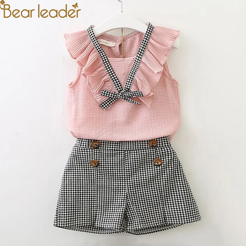 Bear leader/комплекты одежды для девочек, новая брендовая летняя детская одежда, однотонная кружевная одежда+ короткие штаны в горошек, 2 предмета, для 2-6 лет