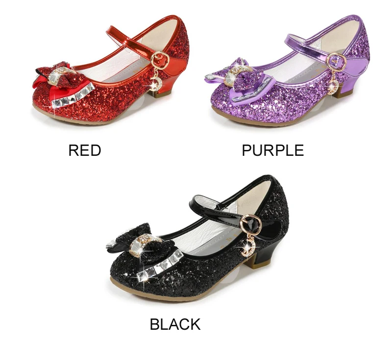Модельные туфли для девочек; свадебные детские сандалии принцессы; детская кожаная обувь на высоком каблуке с блестками для девочек; туфли с бантом; цвет золотой, серебряный, красный