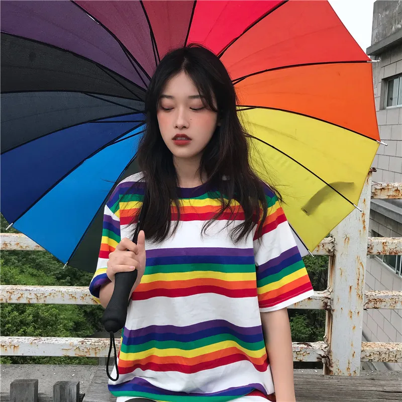 Новая летняя Корейская футболка ulzzang Harajuku bf, свободная футболка в радужную полоску с коротким рукавом, Милая женская футболка с круглым вырезом для пары