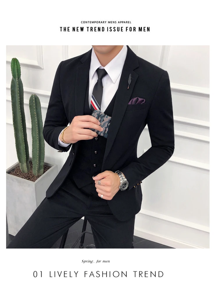 Однотонные мужские костюмы Размер 3XL Slim Fit Мужской Костюмный пиджак с жилетками и брюками новые модные мужские свадебные костюмы высокого качества смокинг