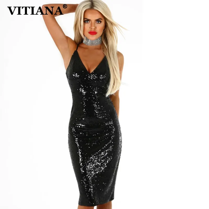 

VITIANA Bodycon Slim Pencil Party Dresses Women Vestidos Verano 2018 Paillette Sequins Backless Deep V Neck Sexy Club Dress