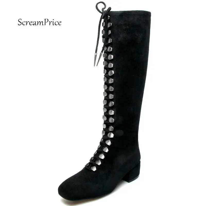 

Women Suede Rivet Comfort Low Heel Martin Boots Fashion Zipper Square Toe Fall Winter Knee High Boots Black Sliver