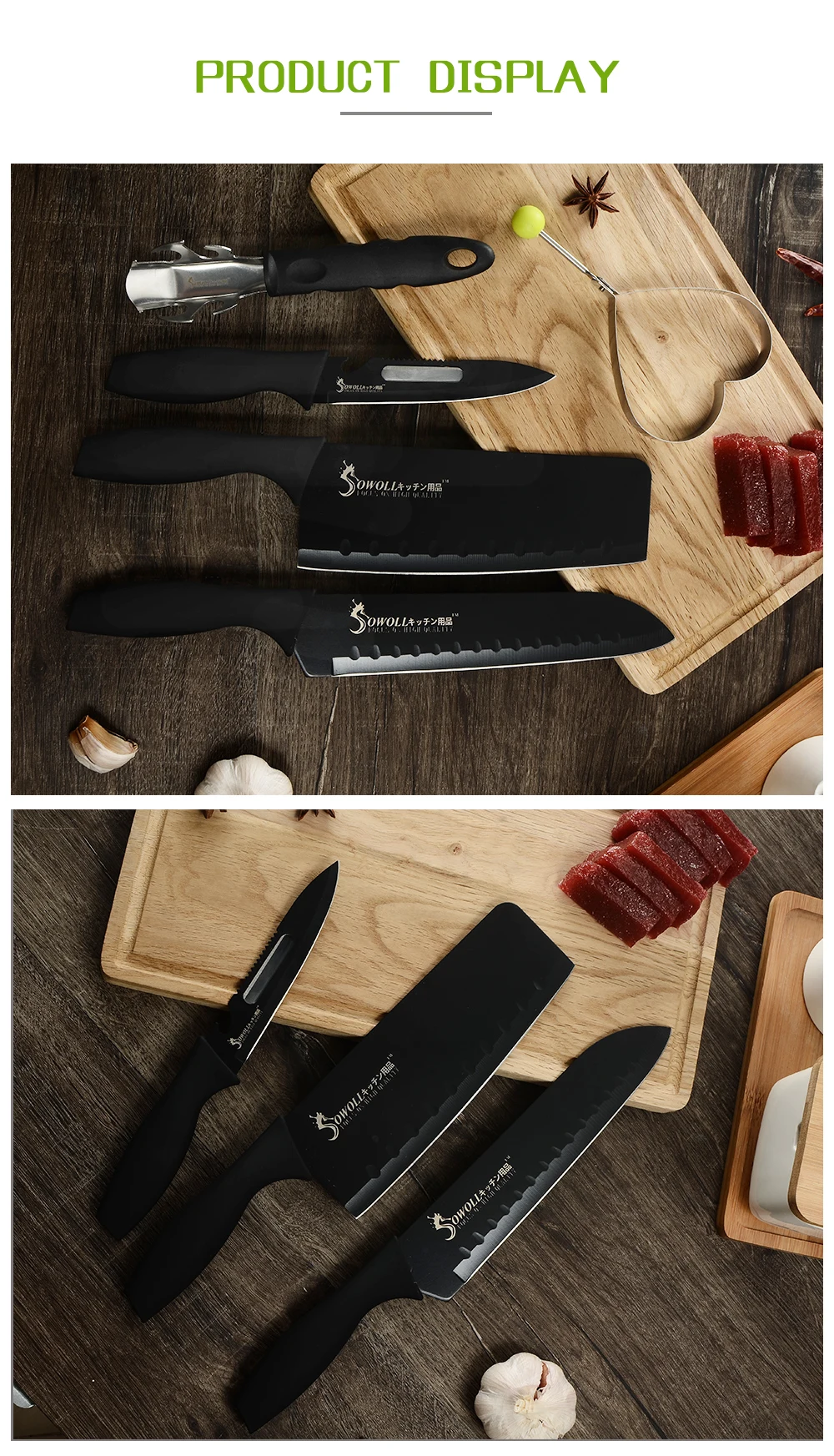 Sowoll Нержавеющая сталь разделочная Nakiri Santoku Многофункциональный кухонный нож мульти-функциональное блюдо зажим с завязкой сзади; пресс-форм Кухня 5 шт./компл