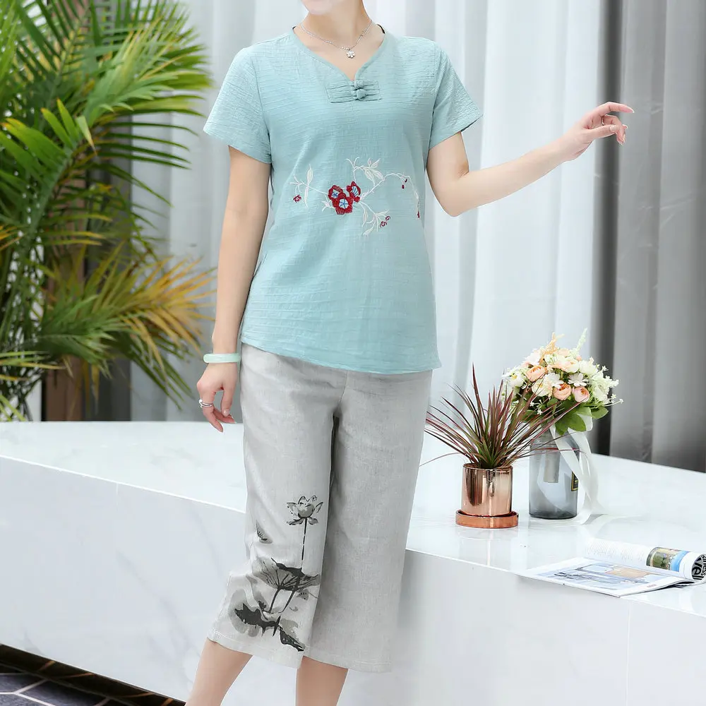 Oriental Women Summer Twinset Cotton Linen Blouse And Cropped Trouser Suits Two Piece Pants Sets Outfits Clothes Pink Blue 2019 Oriental Women Summer Twinset Cotton Linen Blouse And Cropped Trouser Suits Two Piece Pants Sets Outfits Clothes Pink Blue 2019
