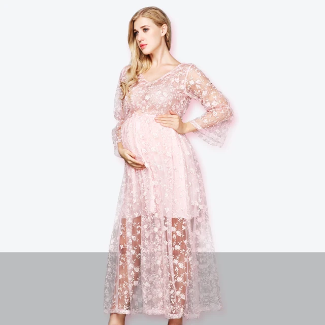 Maternity Dress For Photo Shoot Pregnancy Wear Pink Embroidery Lace
