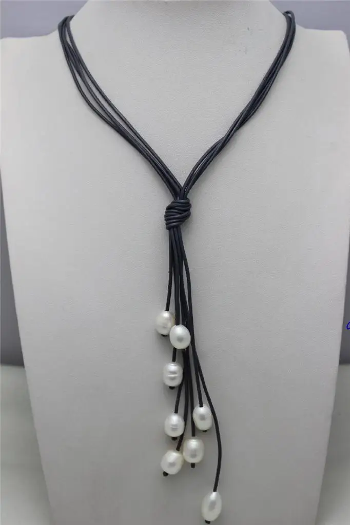 

Hot selling free shipping****** Gray Genuine Leather white Freshwater Pearl necklace Alloy clasp 20