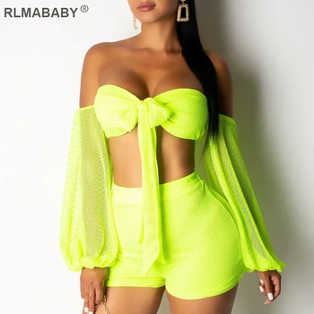 

RLMABABABY Summer Strapless Bandage Bow 2 Piece Set Women Tshirts Shorts Set Casual Hollow Out High Waist Sexy Club Mesh Set