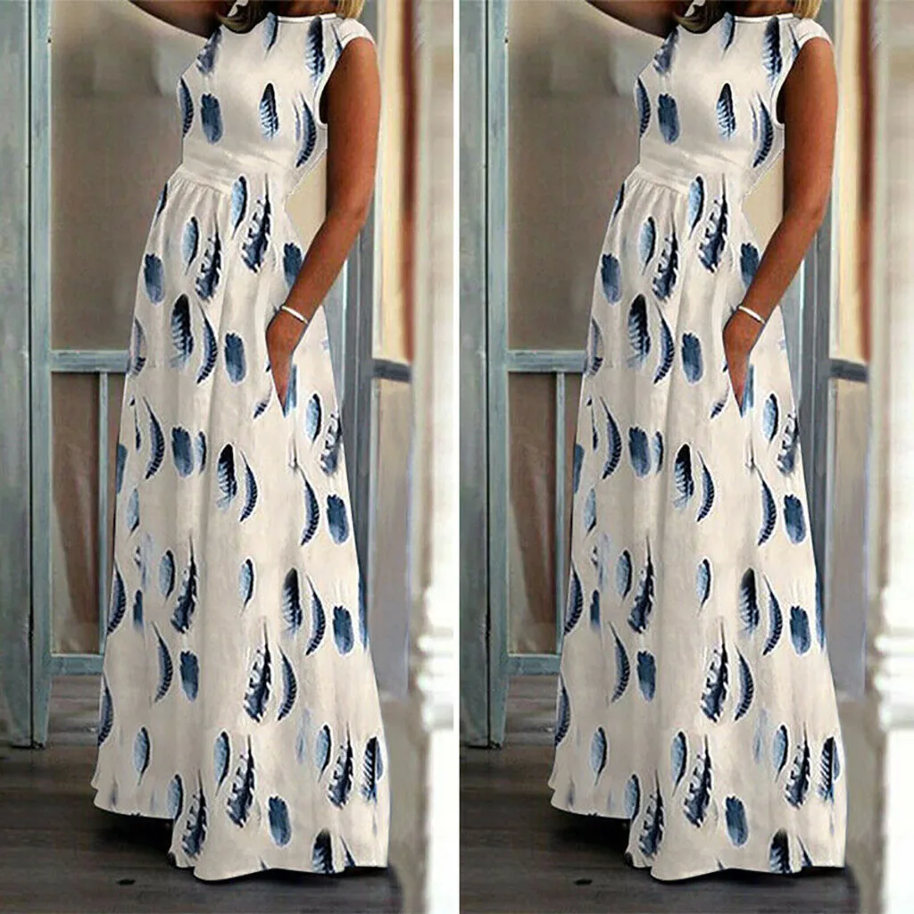 

Fashion Feather Print Long Dress Ladies Sexy O-Neck Loose Swing Dress Sundress Women Casual Beach Party Dress Vestido de fest