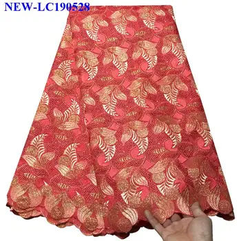 

High Quality Peach African Voile Swiss Lace Fabric French Swiss Voile Lace Fabric 5 yards With Stones For Wedding dress FSE01