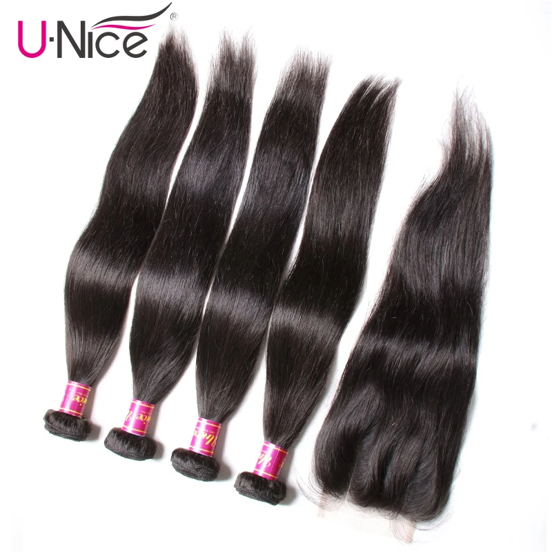 

UNICE HAIR 5PCS Peruvian Straight Human Hair Bundles with Closure Natural Color Remy Hair Weave with Closure Free Shipping