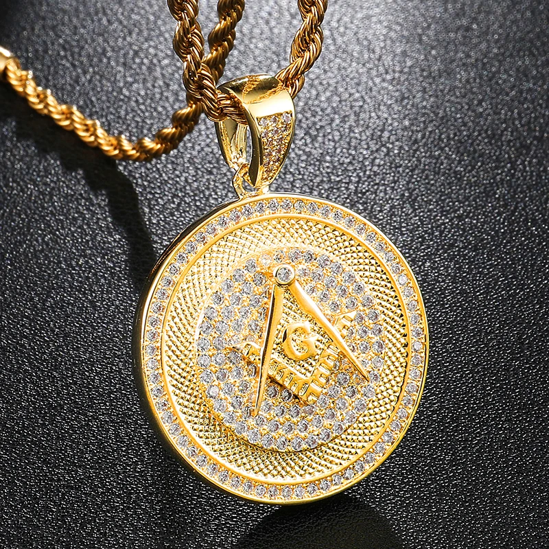 

D&Z Micro Paved Zircon Round Freemason Masonic Necklaces Bling Compass G Pendant Necklace For Men Hip Hop Jewelry