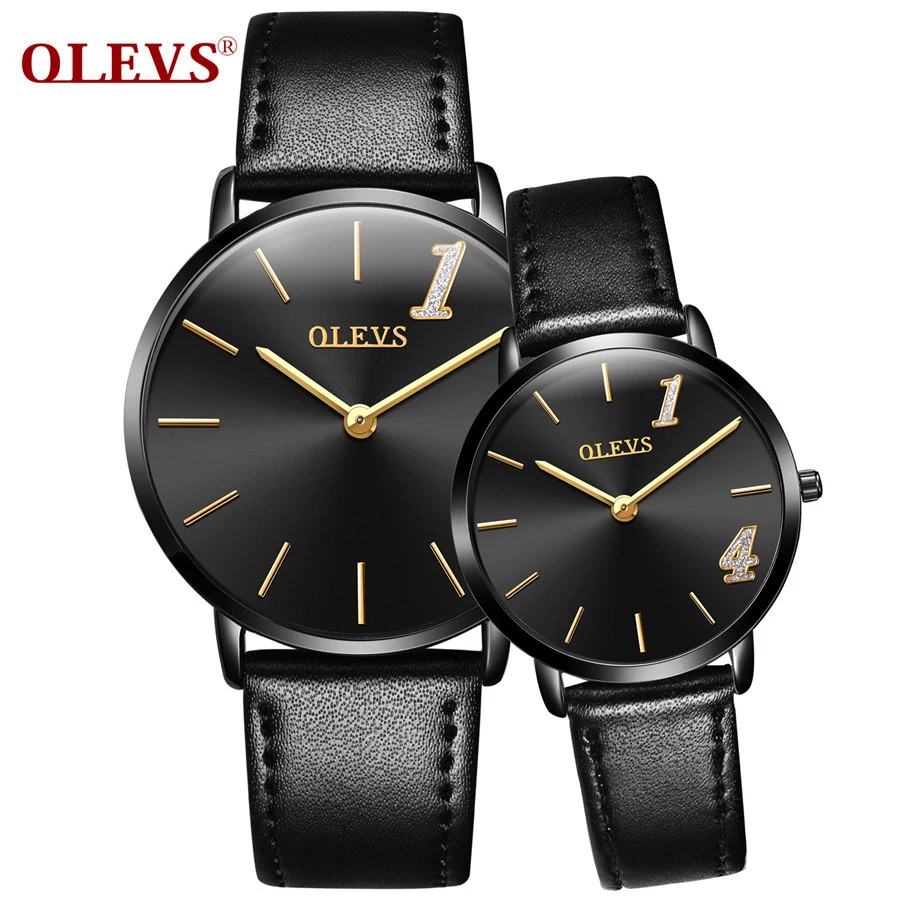 

OLEVS Couples Women Black Leather Watches Lovers Quartz Watch Men Brand Luxury Wristwatch Female Male Ladies Casual Clock Hours