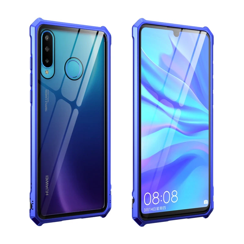 Противоударный металлический бампер Leanonus для huawei P30 Pro P30 Lite чехол из закаленного стекла задняя крышка для huawei P20 Lite P20 Pro Чехол - Цвет: Blue