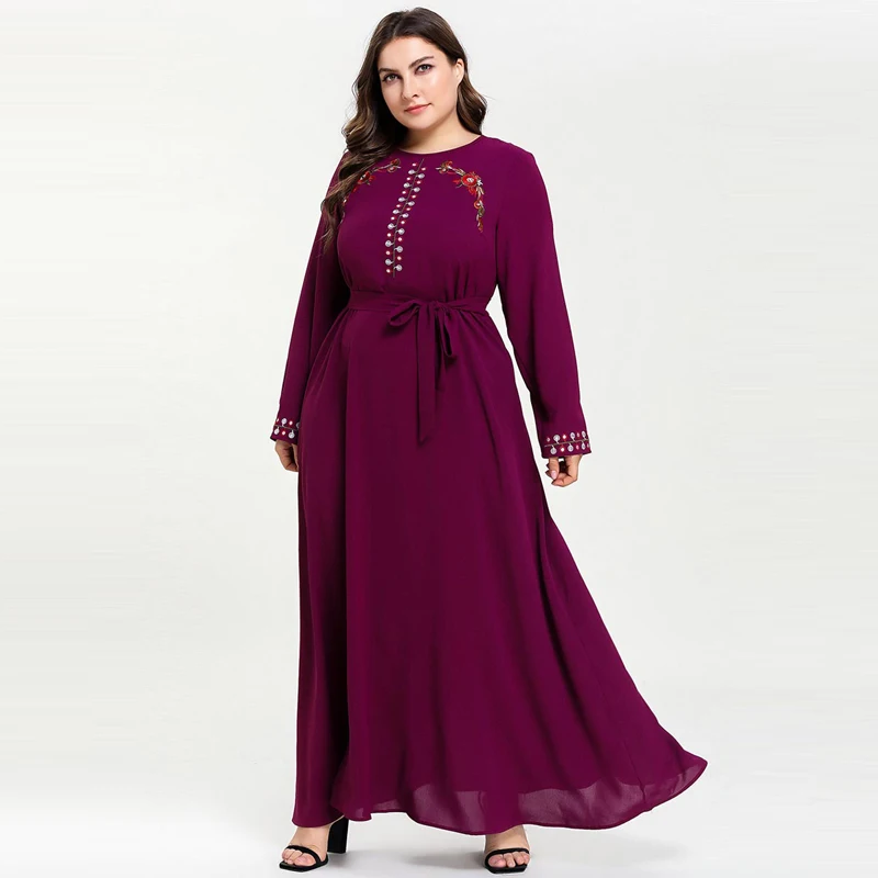 

2019 Spring Elegant Women Embroidered Applique Maxi Long Dress Self-Belted Fit and Flare Party Dresses Vestidos Muslim Abaya 4XL
