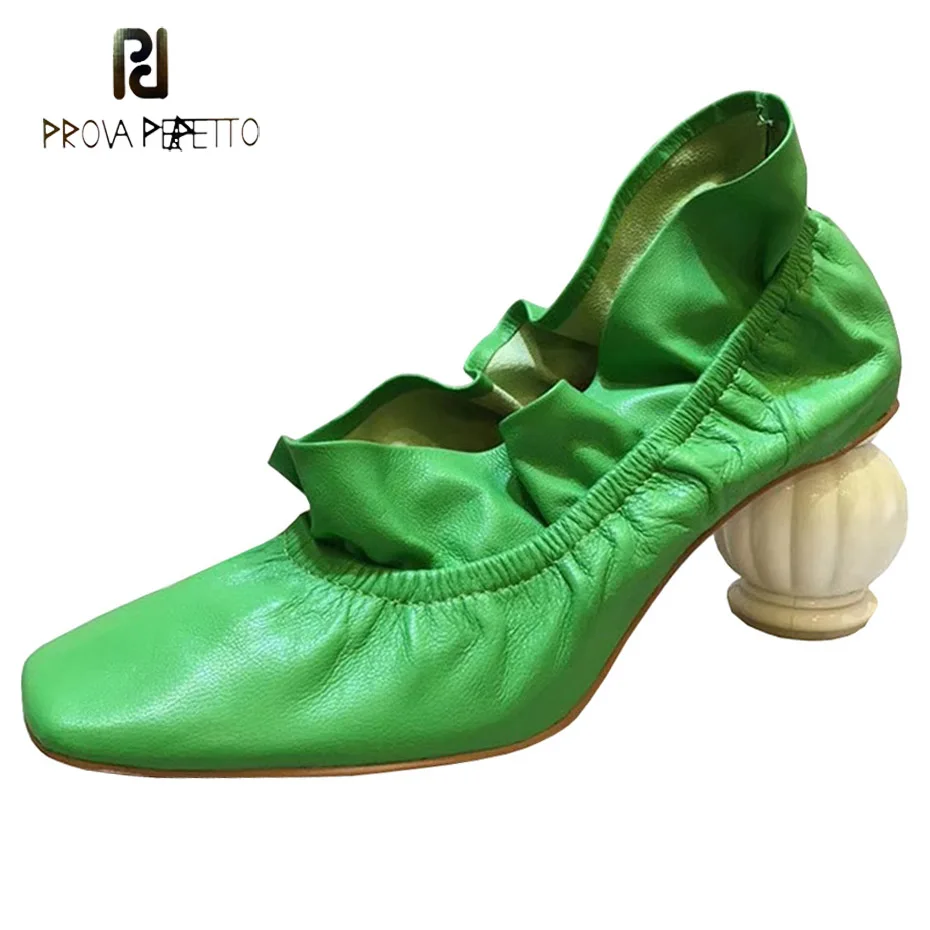 

Prova Perfetto 2018 new strange high heel show design shoes women pumps ruffles green yellow genuine leather fashion lady shoes