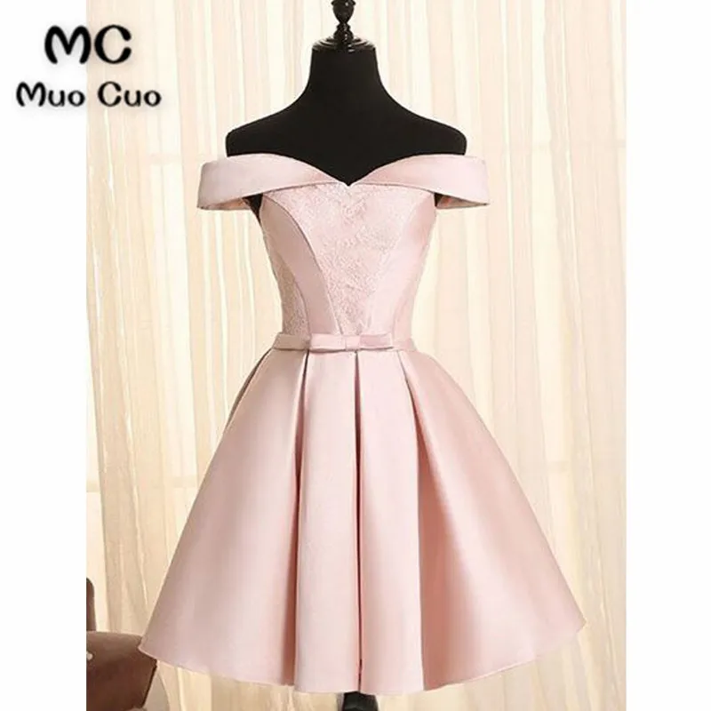 Simple A Line Off the Shoulder Pearl Pink Satin Short Homecoming Dresses with Lace