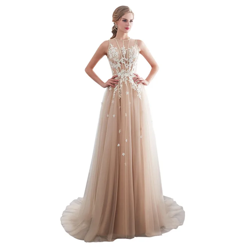 

In Stock Champagne Tulle O-Neck Appliques Prom Gown Long Evening Dresses Court Train Tank Vestido de noche Robe de soiree 26661