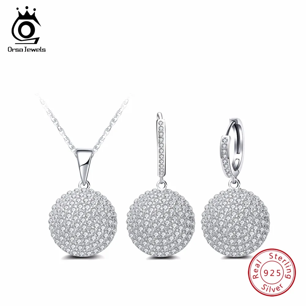 ORSA JEWELS Genuine 925 Sterling Silver Women Jewelry Sets Simple Round Design AAA Cubic Zirconia Party