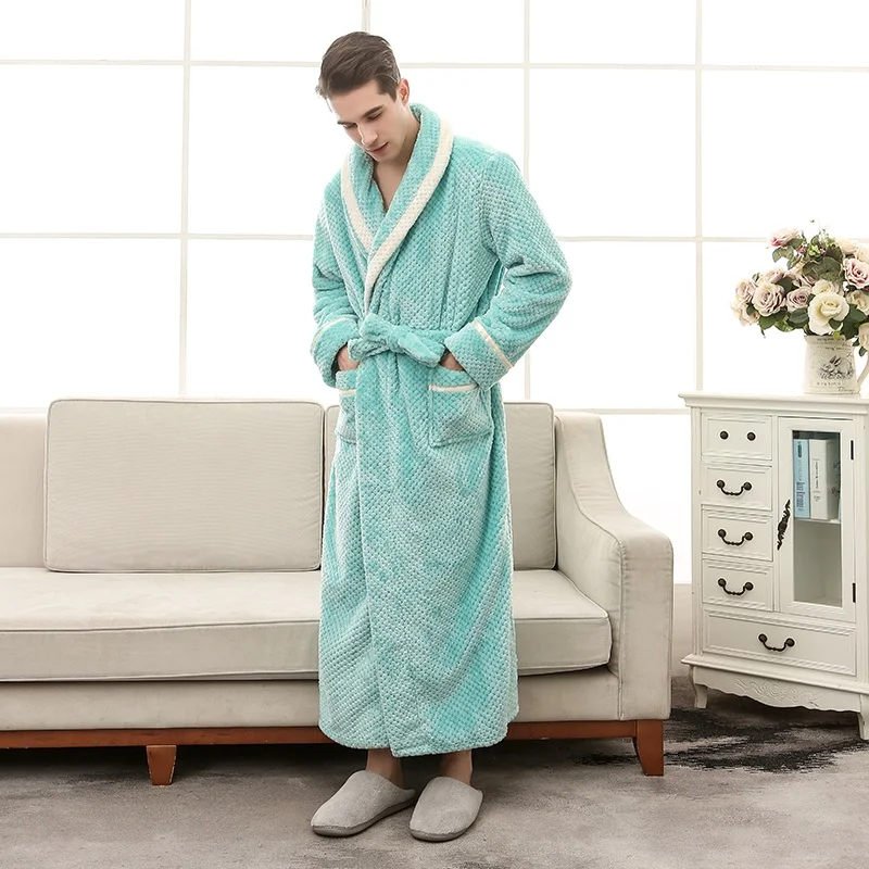 Свадебный халат для влюбленных размера плюс, теплый длинный халат для женщин и мужчин, плотное Фланелевое теплое кимоно, банные халаты, халат, зимняя одежда для сна - Цвет: Men olive green