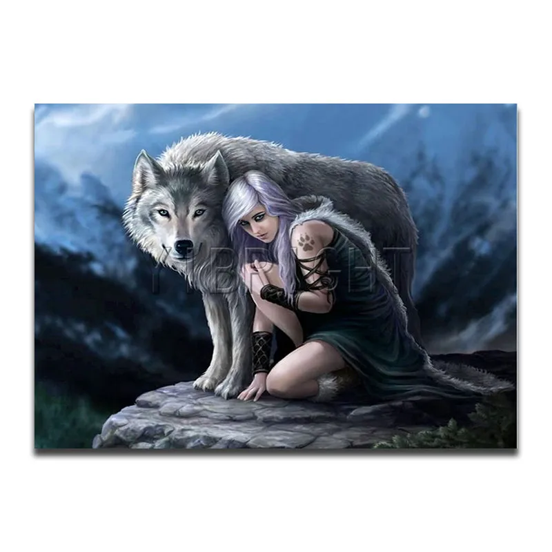 

Full Square 5D DIY Diamond Painting Wolf,Girl 3D Embroidery Cross Stitch Wolves Beauty Mosaic Round Rhinestone Home Decor Gift