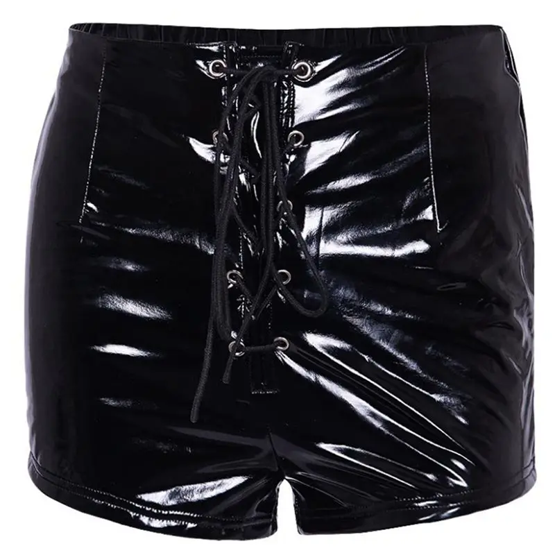 

PU Sexy Women Shorts Mini Club Solid Red Lace Up Slim Gothic Stylish Punk Rock Black Bandage Faux Leather High Waist Hot Shorts