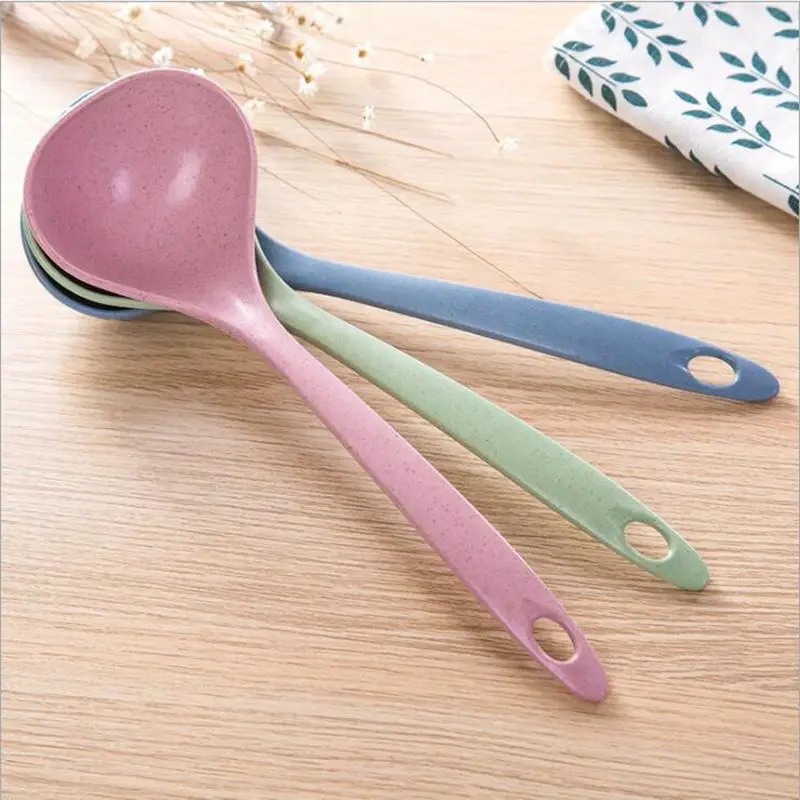 Home Kitchen Silicone Soup Ladle Large Plastic Spoon Long Handled Soup Cooking Tools Accessories Wheat Straw 4