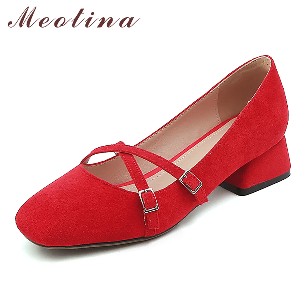 

Meotina High Heels Shoes Women Buckle Chunky Heels Many Janes Shoes Cross Tied Square Toe Pumps Lady Spring Red Big Size 33-43