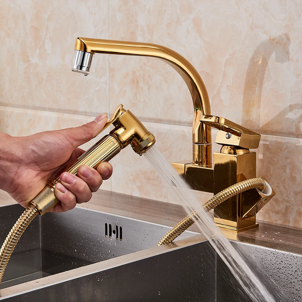 

Gold LED Light Kitchen Faucet Mixer Tap Single Handle Two Swivel Spouts Kitchen Hot Cold Water Tap Pull Out Flushing Spray Tap