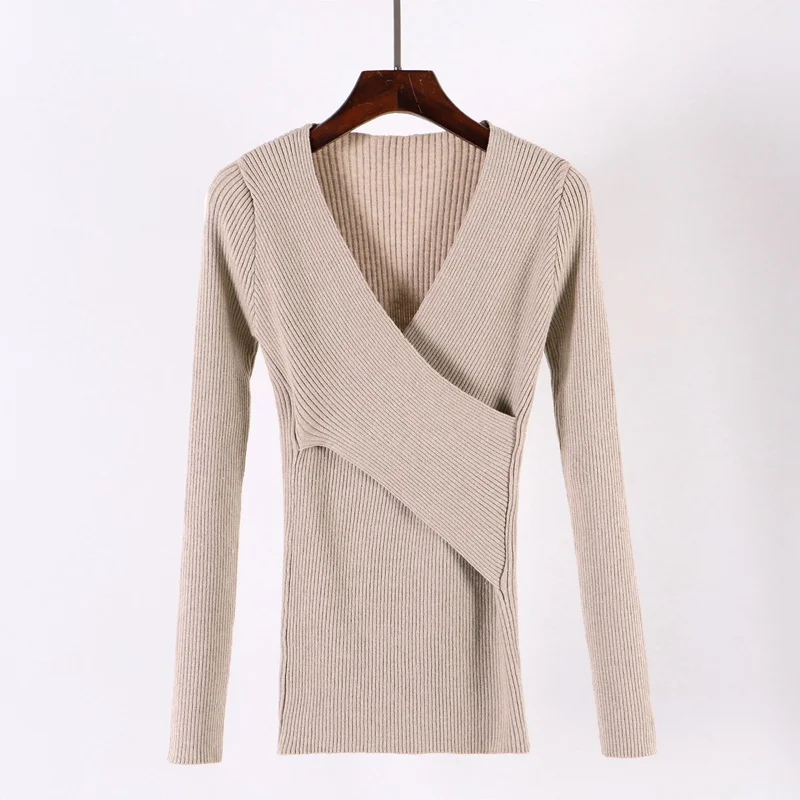 GIGOGOU сексуальный женский пуловер с v-образным вырезом, свитер, вязаный мягкий осенний зимний теплый топ, Модный женский свитер - Цвет: khaki 201