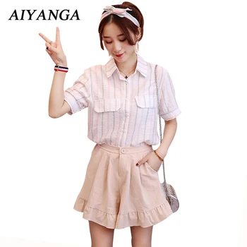 

2018 Summer Striped Blouses 2 Pieces Women Sets Elastic Waist Wide Leg Shorts Female Loose Casual Ladies Turn-down Shirts Tops