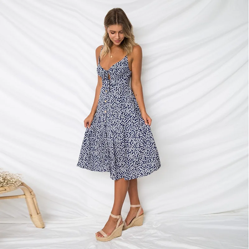 

Fashion Sexy Hollow out Backless Spaghetti Strap Summer Dress 2018 New Sweet Button Bow Beach Dress Casual Tunic Dress Vestidos