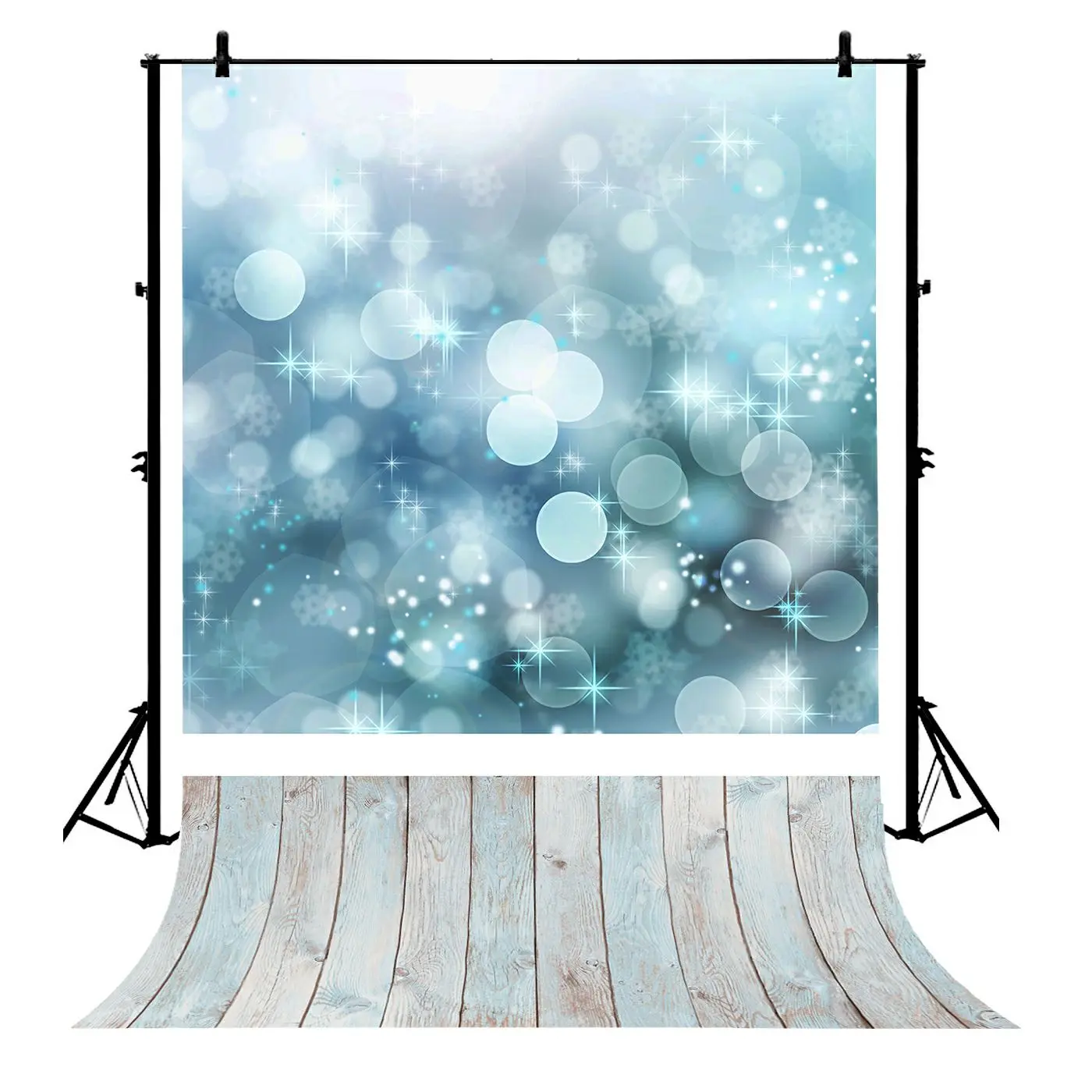 

5x7ft Sparkly Blue Bokeh Polka Dot Wood Floor Party Polyester Photo Background Portrait Backdrop
