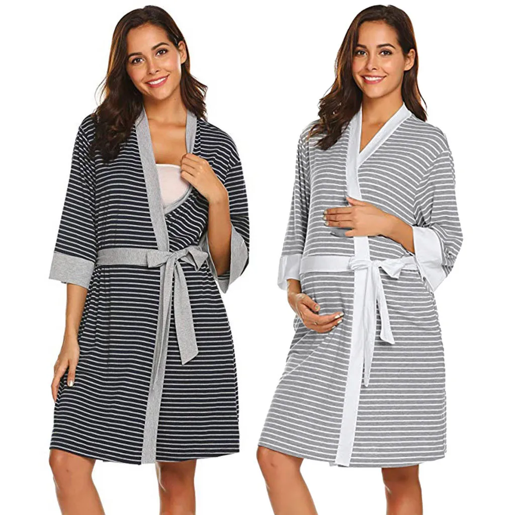 ARLONEET plus size pregnant Maternity Women Casual Care Striped Robe Childbirth Robe Hospital Breastfeeding Clothes