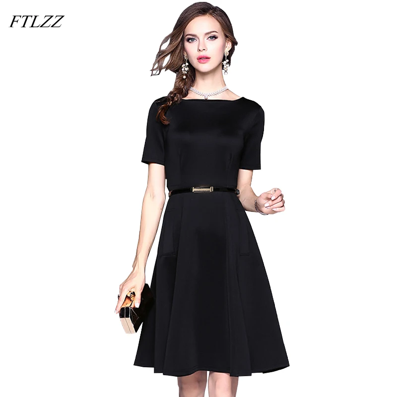 Ftlzz Women Classical Vintage Black Dress Summer OL Elegant Slim Ruffle