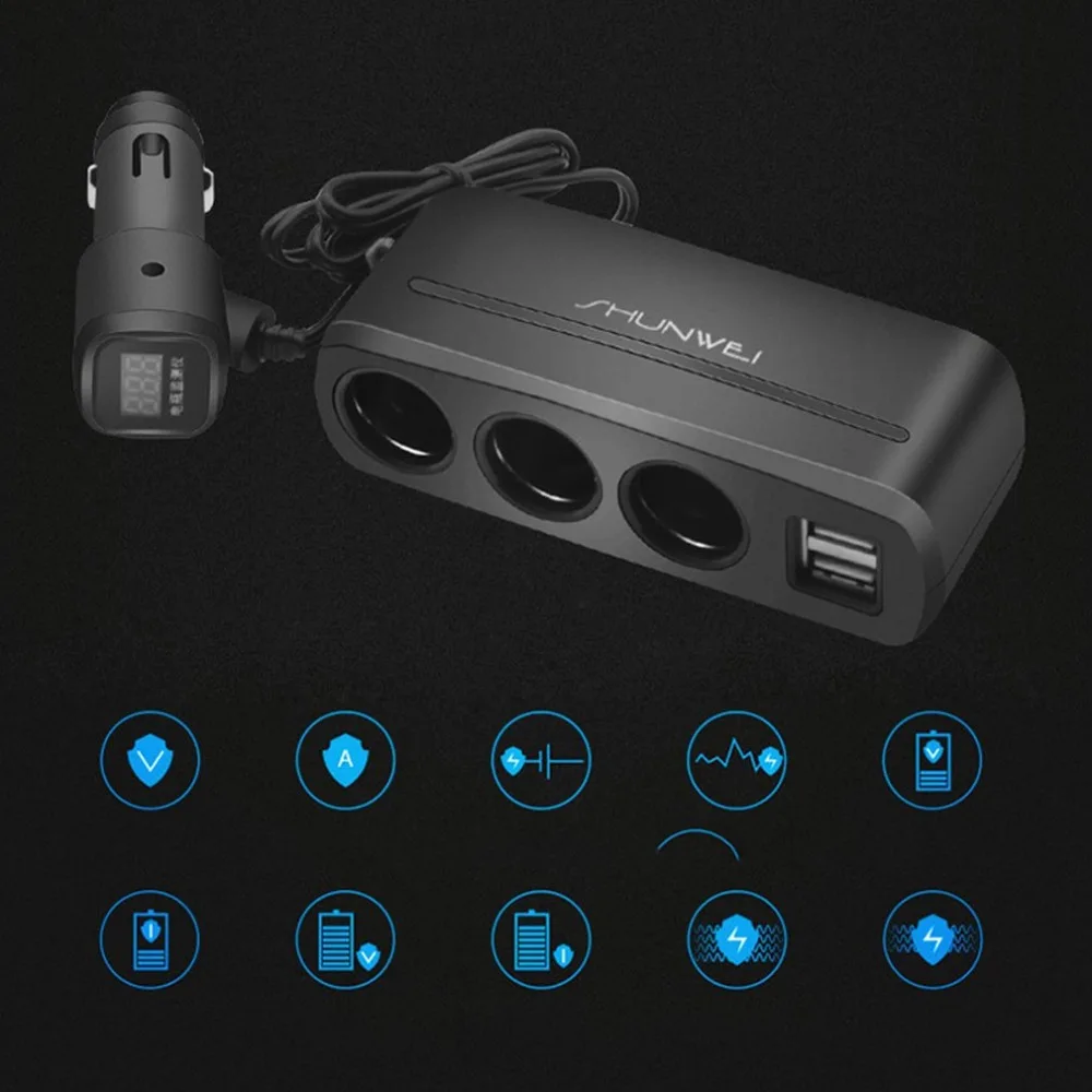 3-Socket Cigarette Lighter Power Adapter DC Outlet Splitter Dual USB Car Charger for iPhone