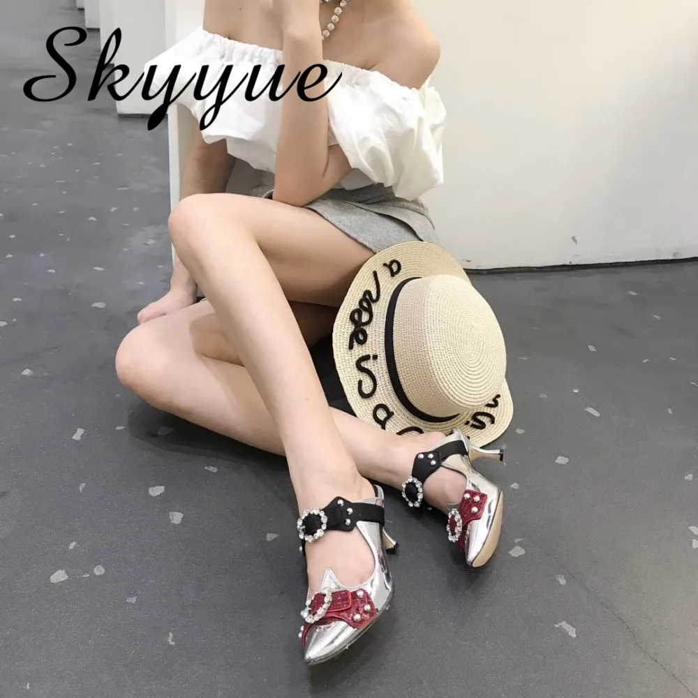 

SKYYUE Top Quality Genuine Leather Mirror High Heels Satin Ribbon lace-up with Crystal Jewelry Buckle high-heeled Pumps Shoes