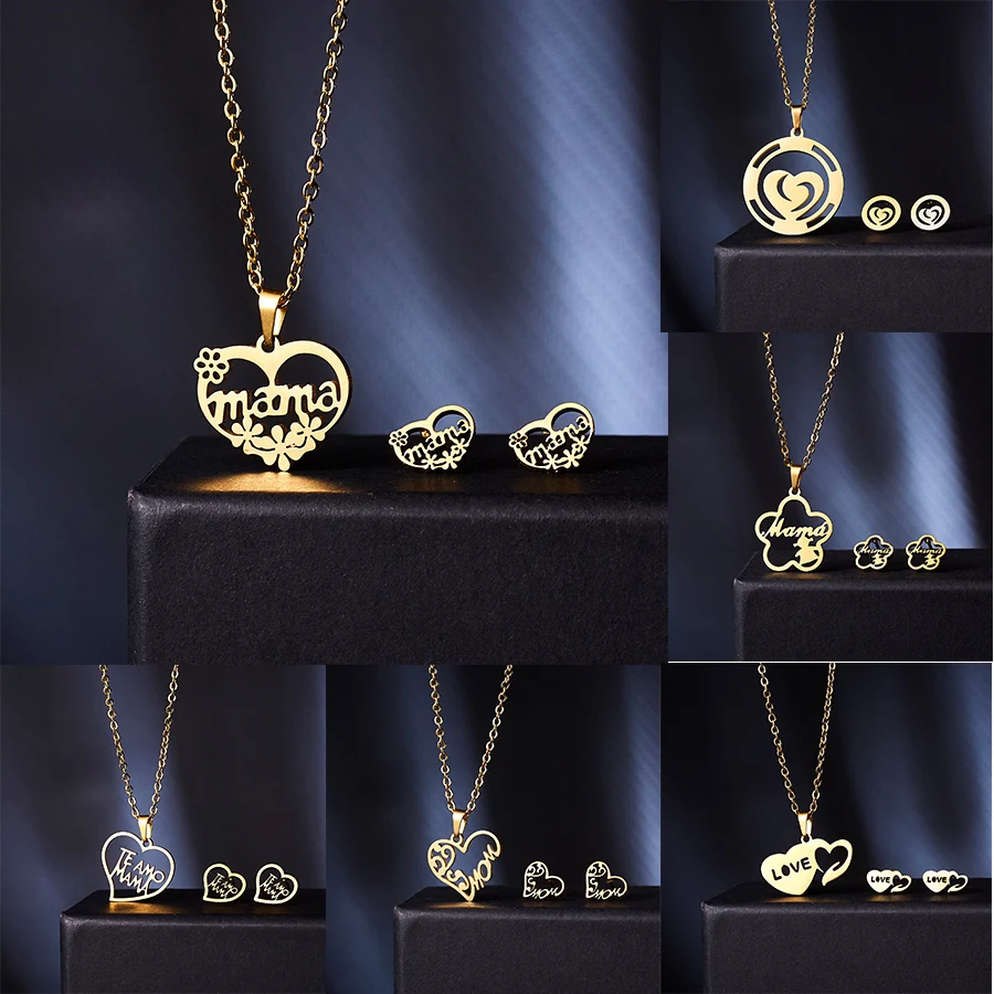 

Mother's Day Gift Jewelry Set Stainless Steel Mama Love Heart Mom Hollow Heart Flower Pendant Necklace Stud Earrings Set Gift