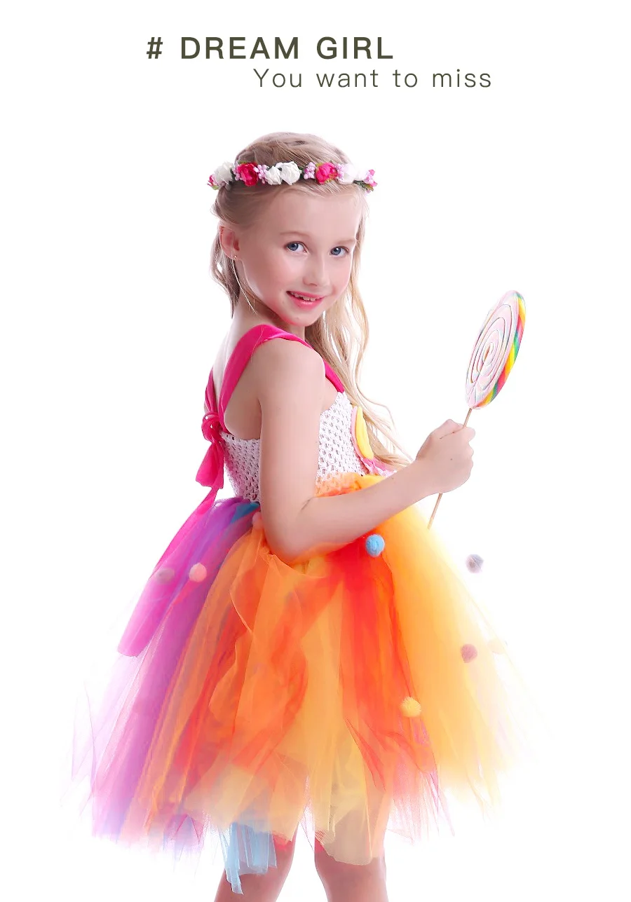 Pom Pom Design Sweet Candy Lollipop Girls Tutu Dress Kids Rainbow Fairy Summer Dress Children Birthday Photo Costume Outfit (4)