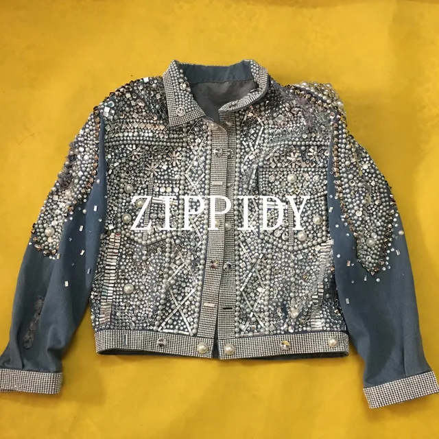 Fashion Rhinestones Pearls Jeans Jacket Outfit Dance Costume