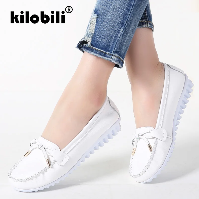 

kilobili 2019 Spring Women Genuine Leather Ballet Flats Casual Shoes Round Toe Flats Slip On Loafers Casual Flats Boat Shoes