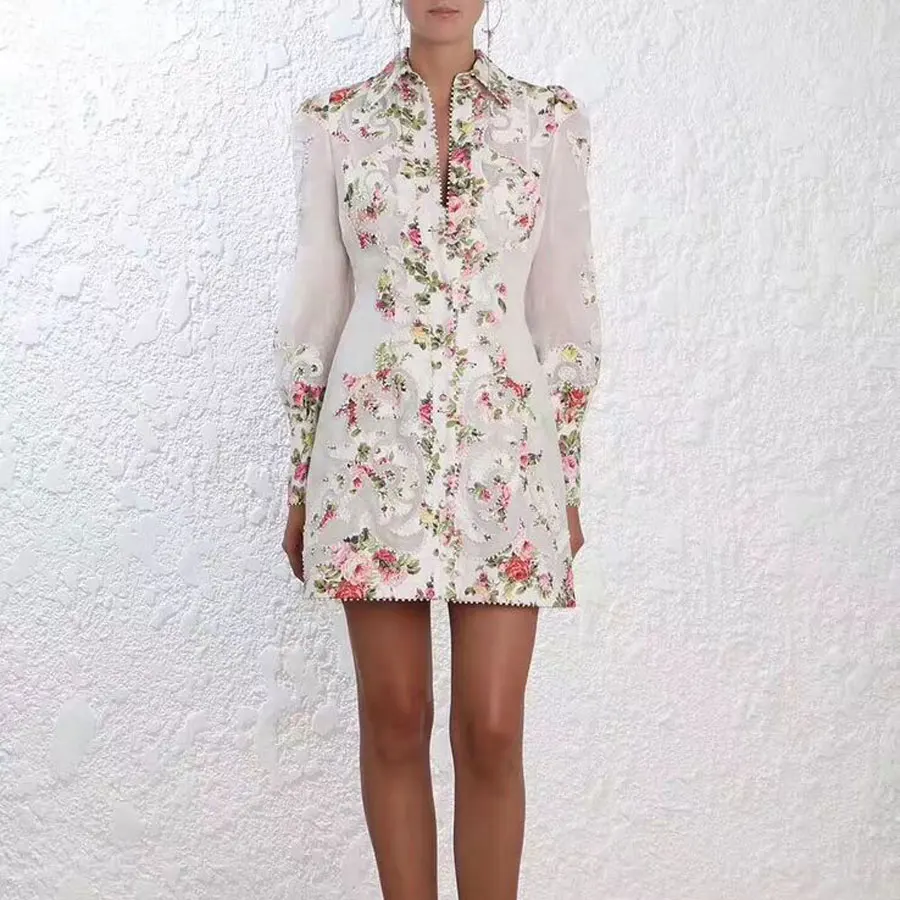 

High Quality 2019 newest Autumn Women Dress Long Sleeve Embroidery Flower Turn-down Collar Blouse Dress Women Elegant Dress