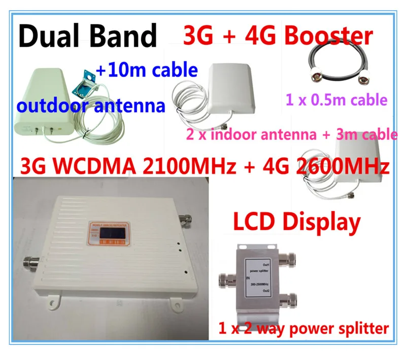 

Dual Band 3G WCDMA 2100MHz & 4G BAND 7 2600MHz Mobile Phone Signal Booster 3G 4G Signal Repeater Amplifier cover two rooms