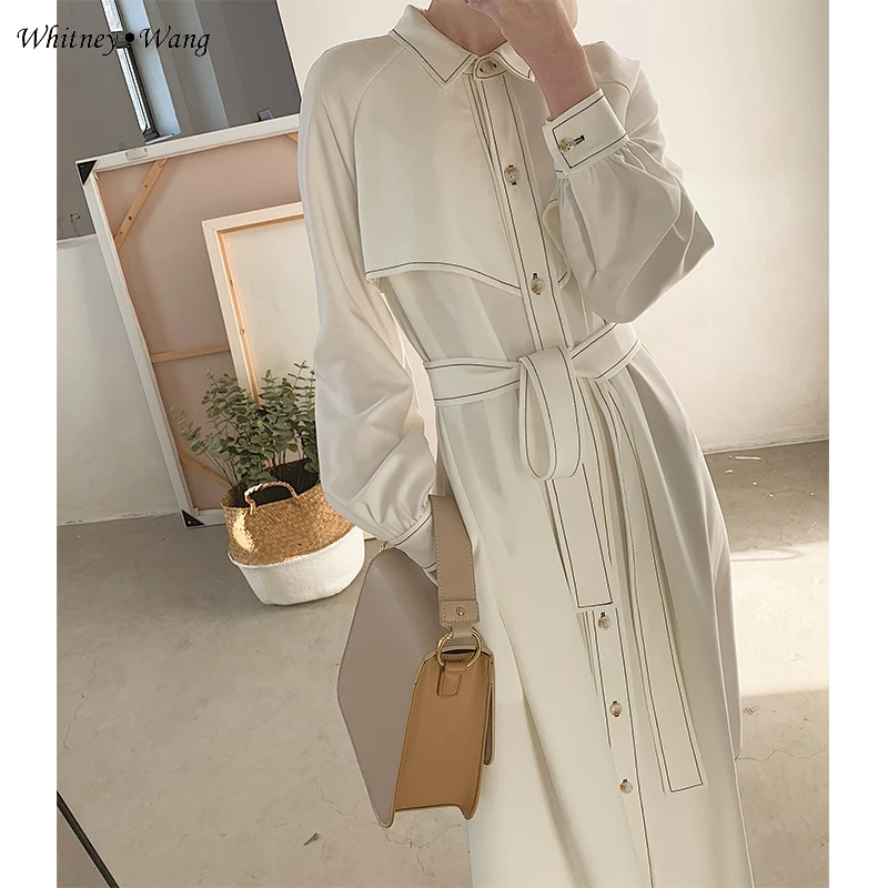 

WHITNEY WANG 2019 Spring Autumn Fashion Streetwear Vintage Style Sashes Shirt Dress Women Elegant Blouse Dress