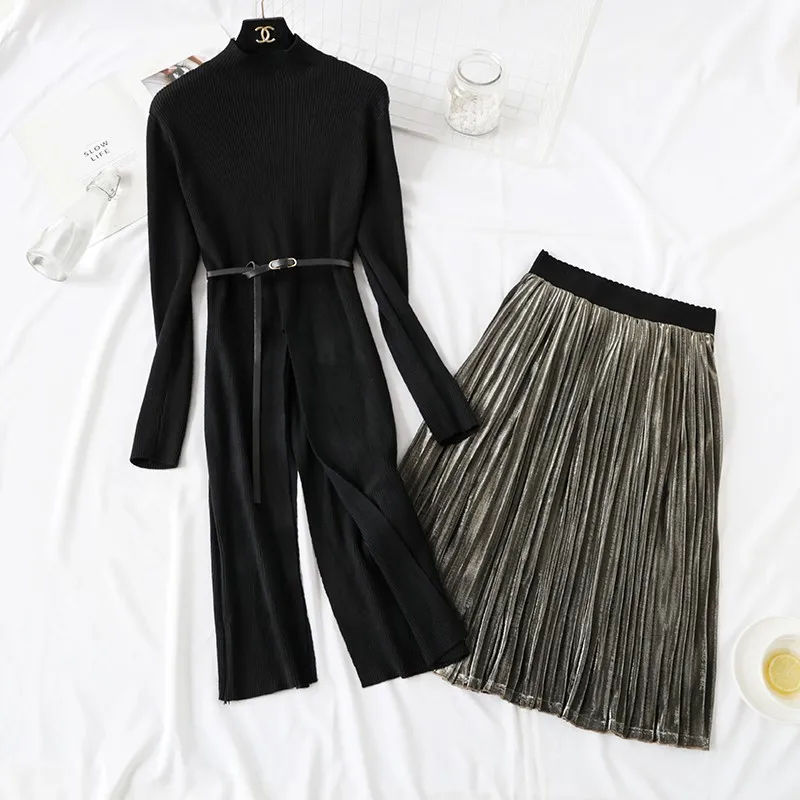 Mooirue 2PC Irregular Long Sweater Split Dress + Pleated Skirt Women Autumn Winter Elegant Suits Waist Belt Included