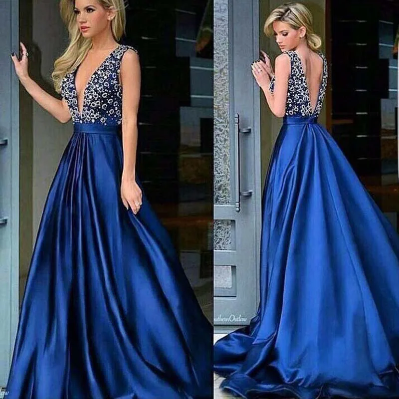 Sexy Глубокий V-образным Вырезом Backless Вечерние Платья 2017 Великолепный Королевский Синий Бисером Жемчуг Строки Пром Платье Vestido Де Festas для