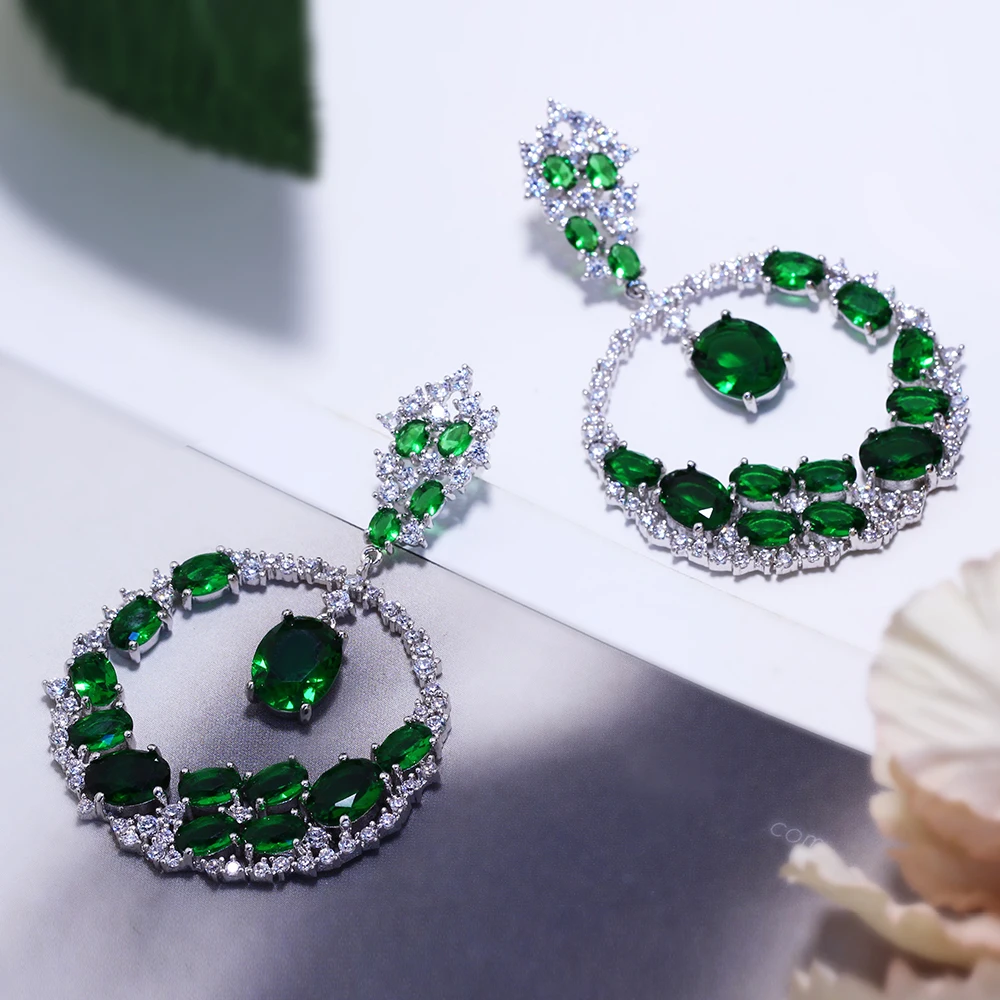 Extremely Attractive dangling earring Blue Green and Clear Oval cut stones of Cubic Zirconia Big Round Dangle Pendant Earrings