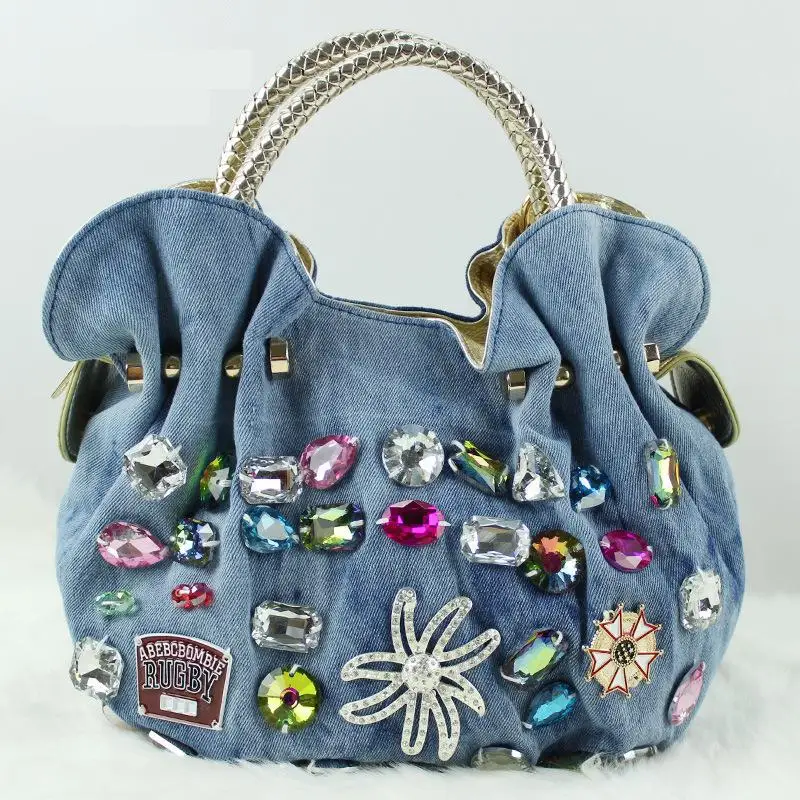 New Women Denim Bags Sweet Blue Pattern High Quality Handbags With