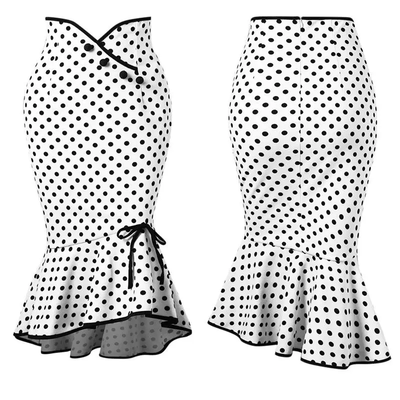 

2019 New Style Women's Skirt High Waist Sheath Bow Party Ladies Slim Cotton Pencil Dot Ruffles Irregular Fashion Hot Skirt
