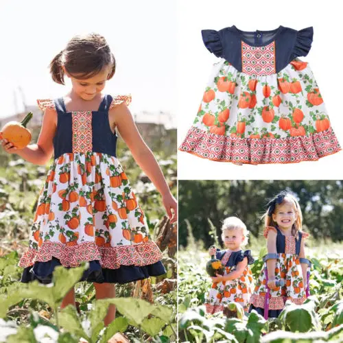Thanksgiving Toddler Kids Girl Floral Printed Casual Dresses One Piece