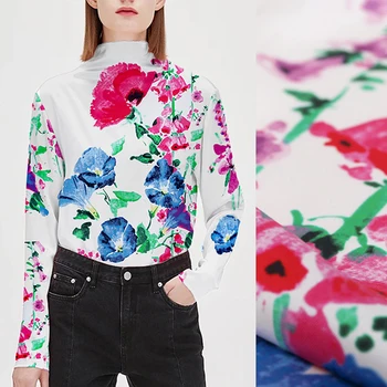 

140*57CM 18MM Blue Pink Floral Print White Twill Silk Fabric for Summer Dress Shirt Scarf Blouse Skirt Pants DE1047